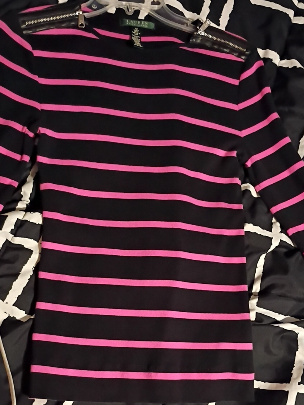 Lauren Ralph Lauren Black & Hot Pink Striped Zip-Accent Top